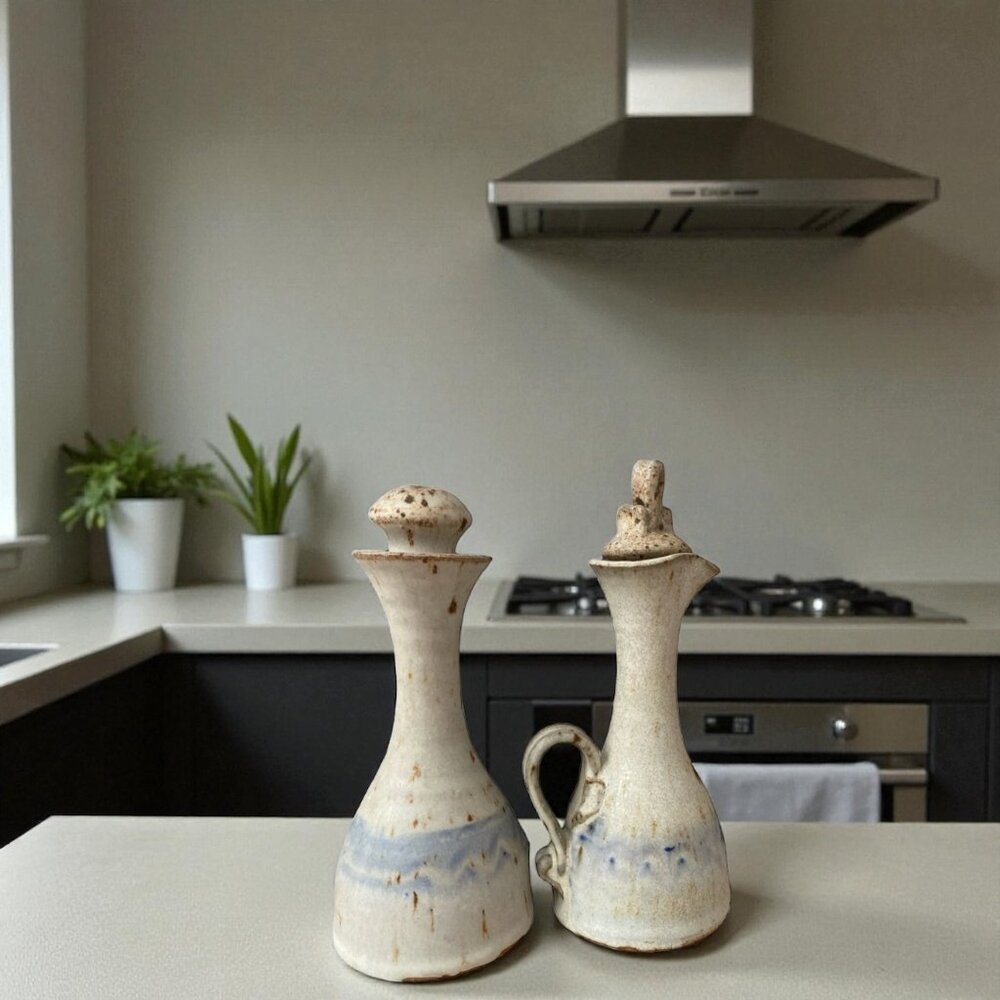 Handmade Stoneware Oil & Vinegar Cruet Set Rustic Pottery Ceramic Kitchen Decor